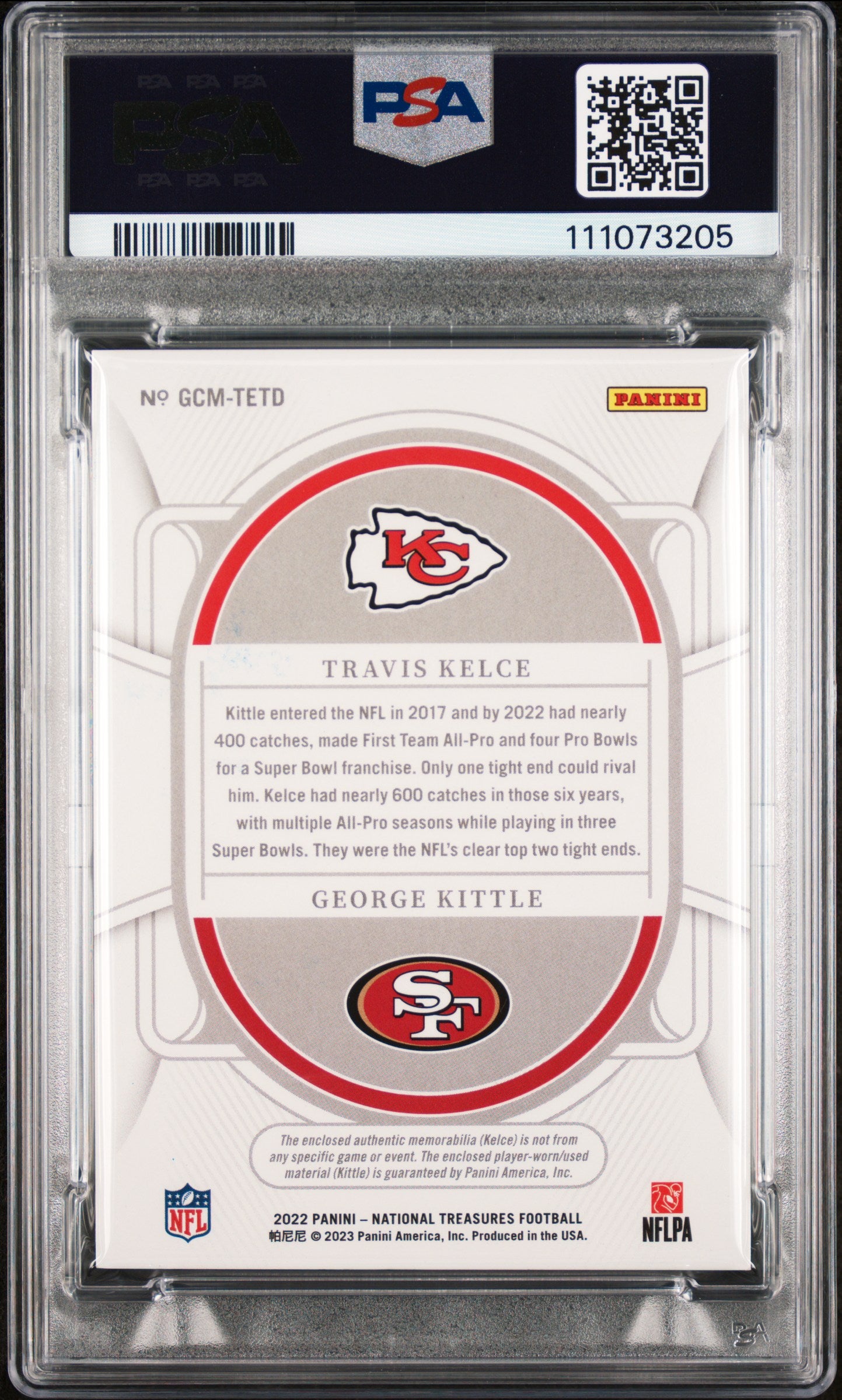 Travis Kelce & George Kittle Signed 2022 NT GC Mat #TETD Card Grade 9 PSA Slab 1