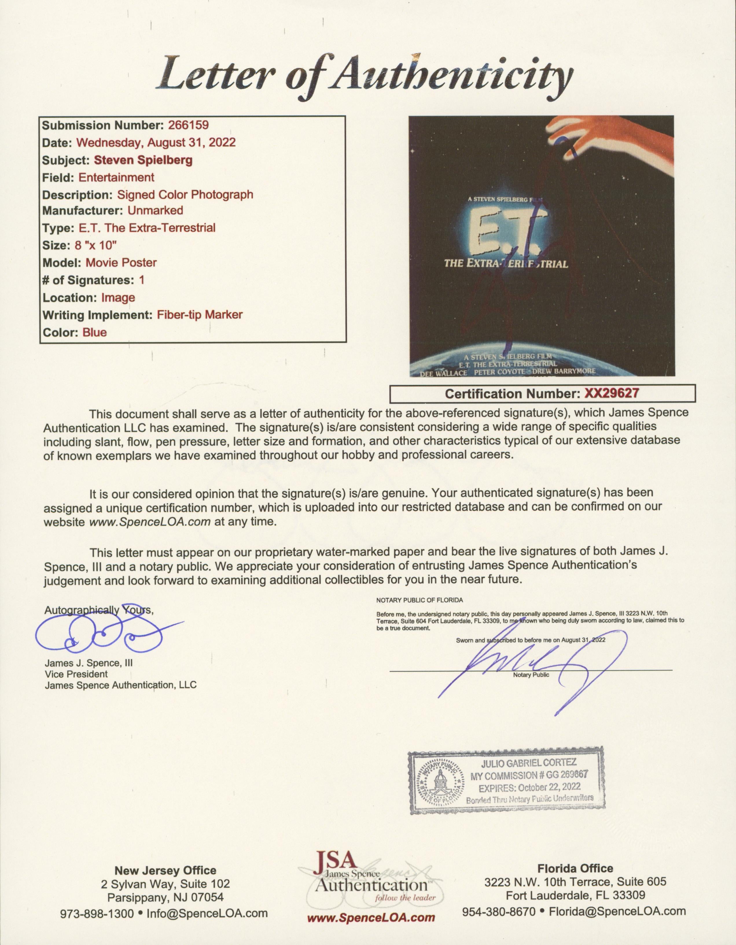 Steven Spielberg E.T. Authentic Signed 8x10 Framed Photo JSA #XX29627