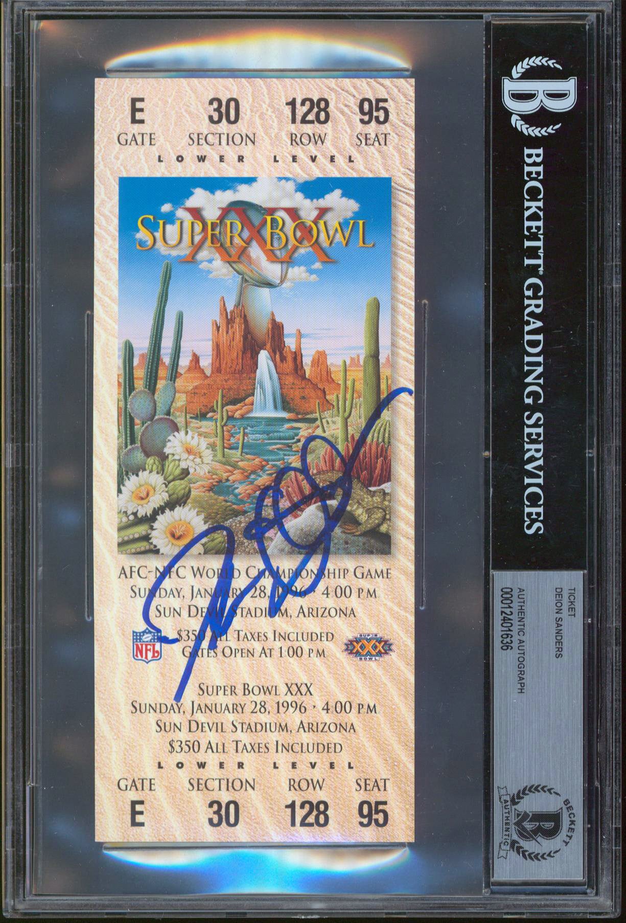 Cowboys Deion Sanders Authentic Signed Replica Super Bowl XXX Ticket BAS Slab