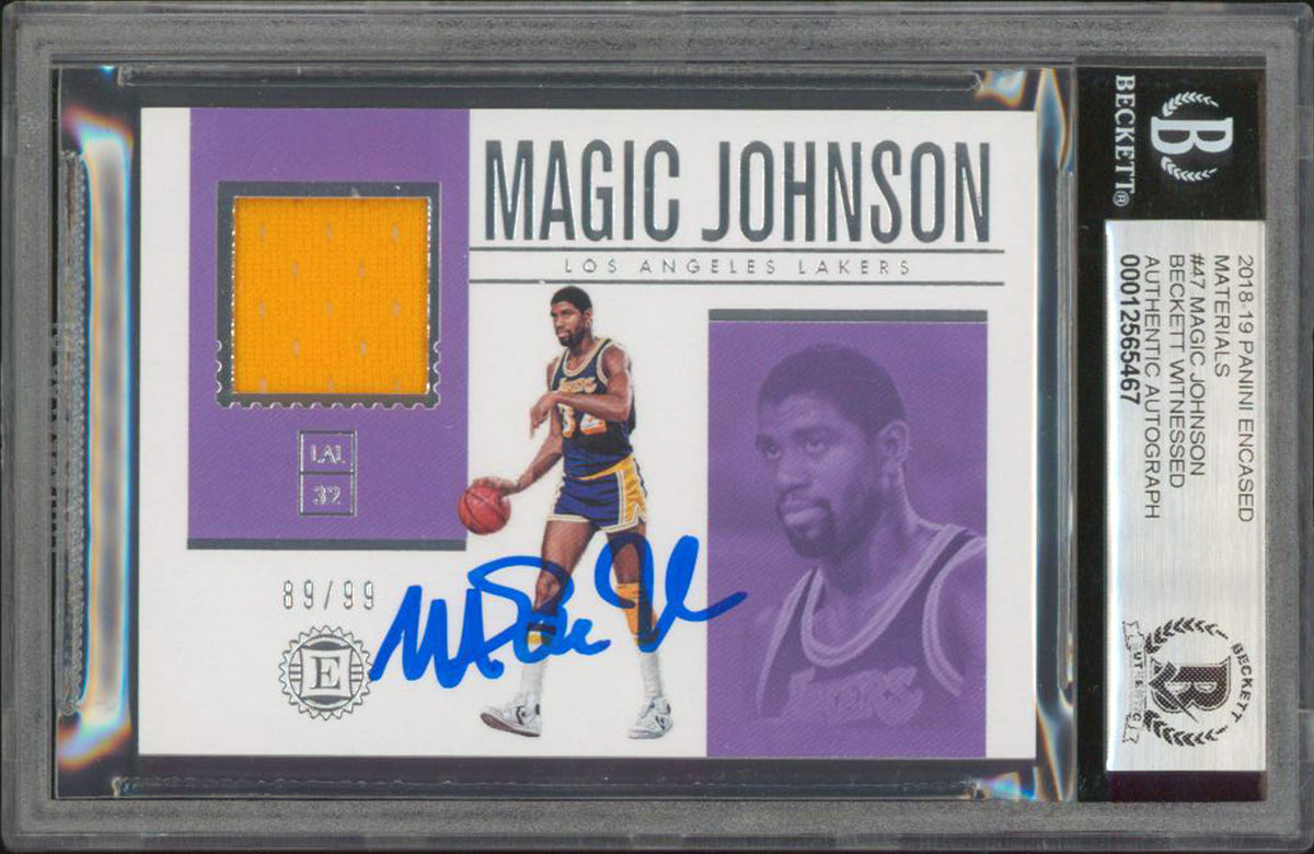 Magic Johnson Signed 2018 Panini Materials #47 89/99 Card Auto Grade 10 BAS Slab
