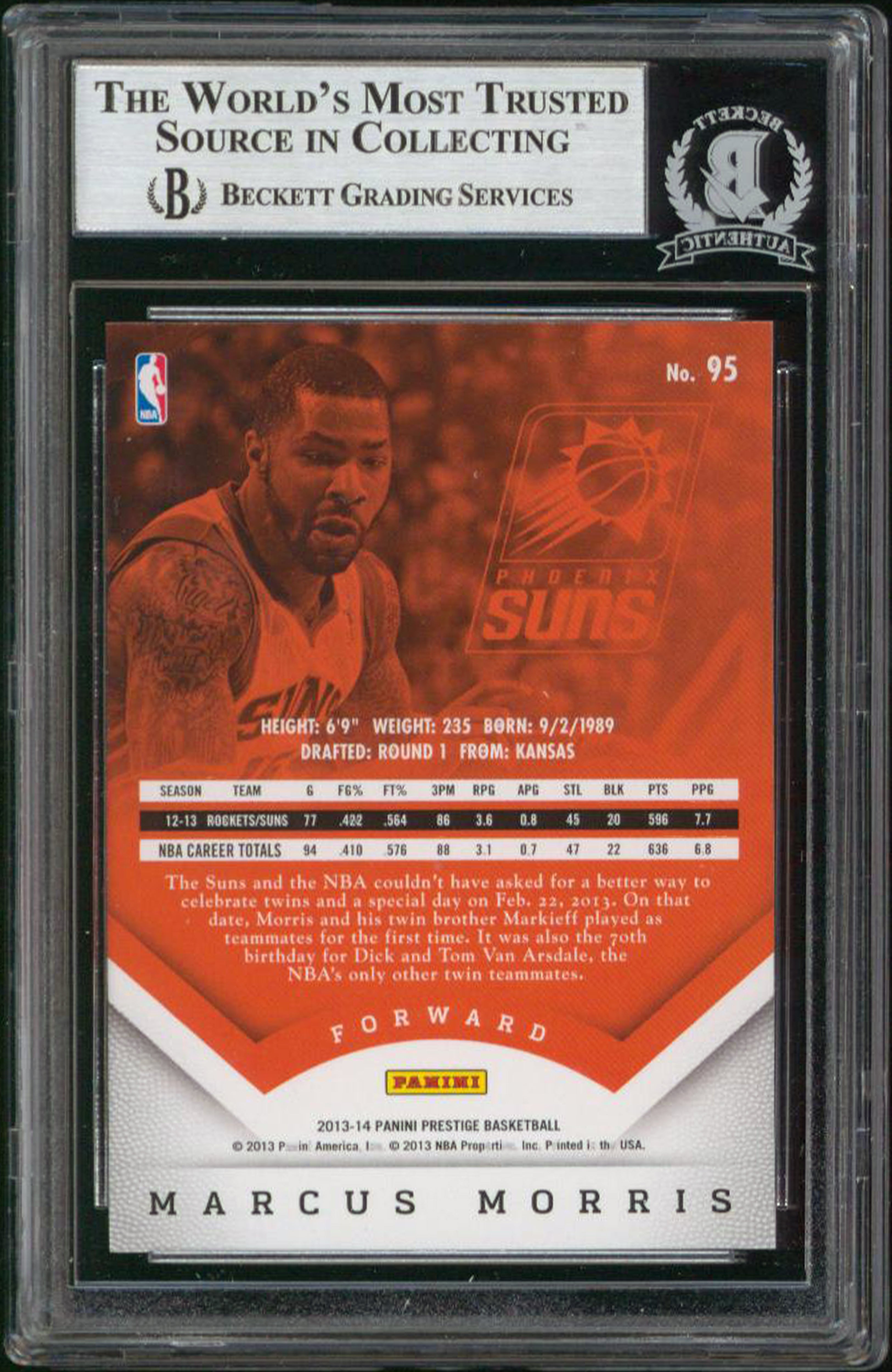 Suns Marcus Morris Authentic Signed 2013 Prestige #95 Card BAS Slabbed