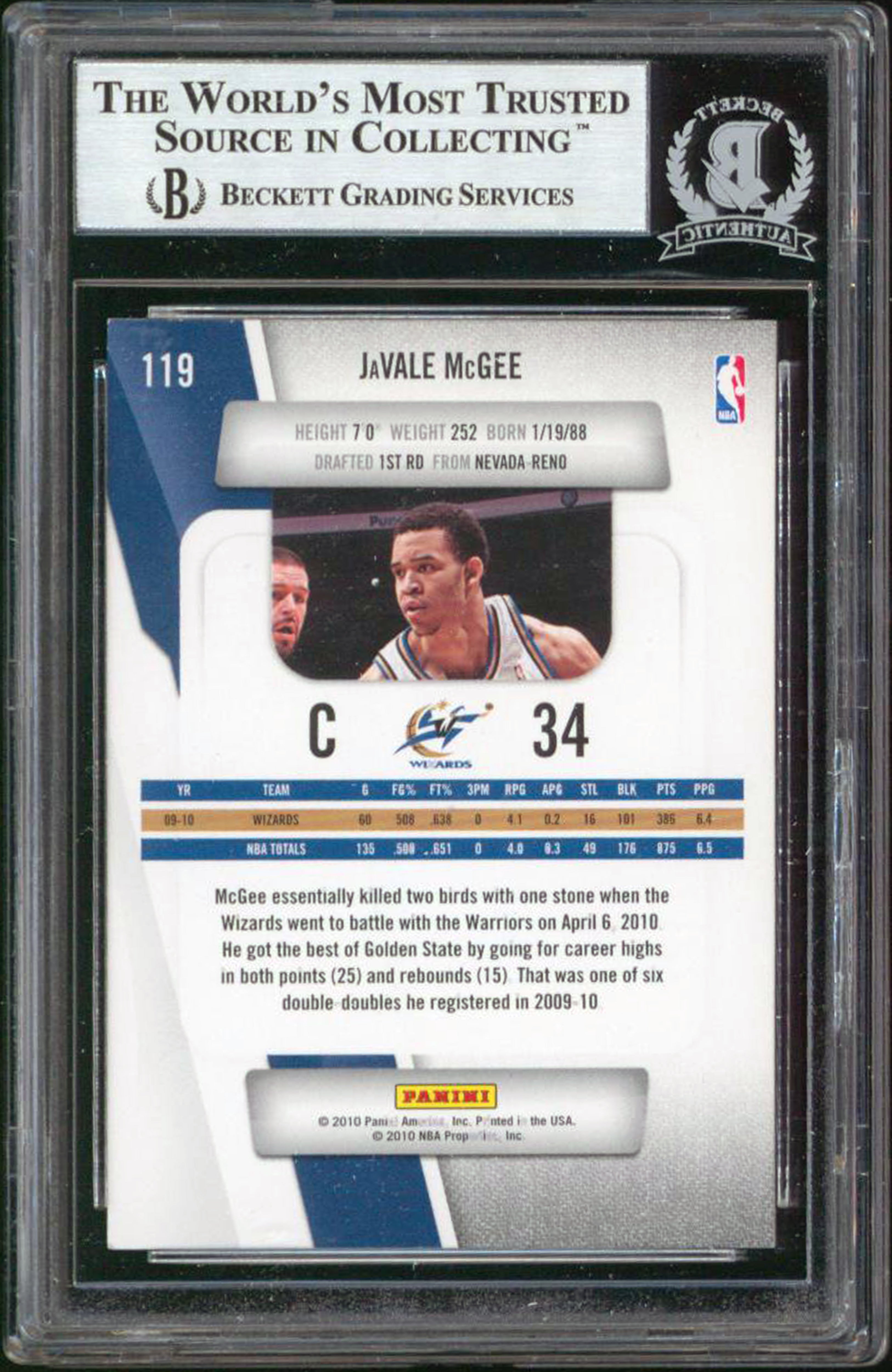 Wizards Javale McGee Authentic Signed 2010 Prestige #119 Card BAS Slabbed