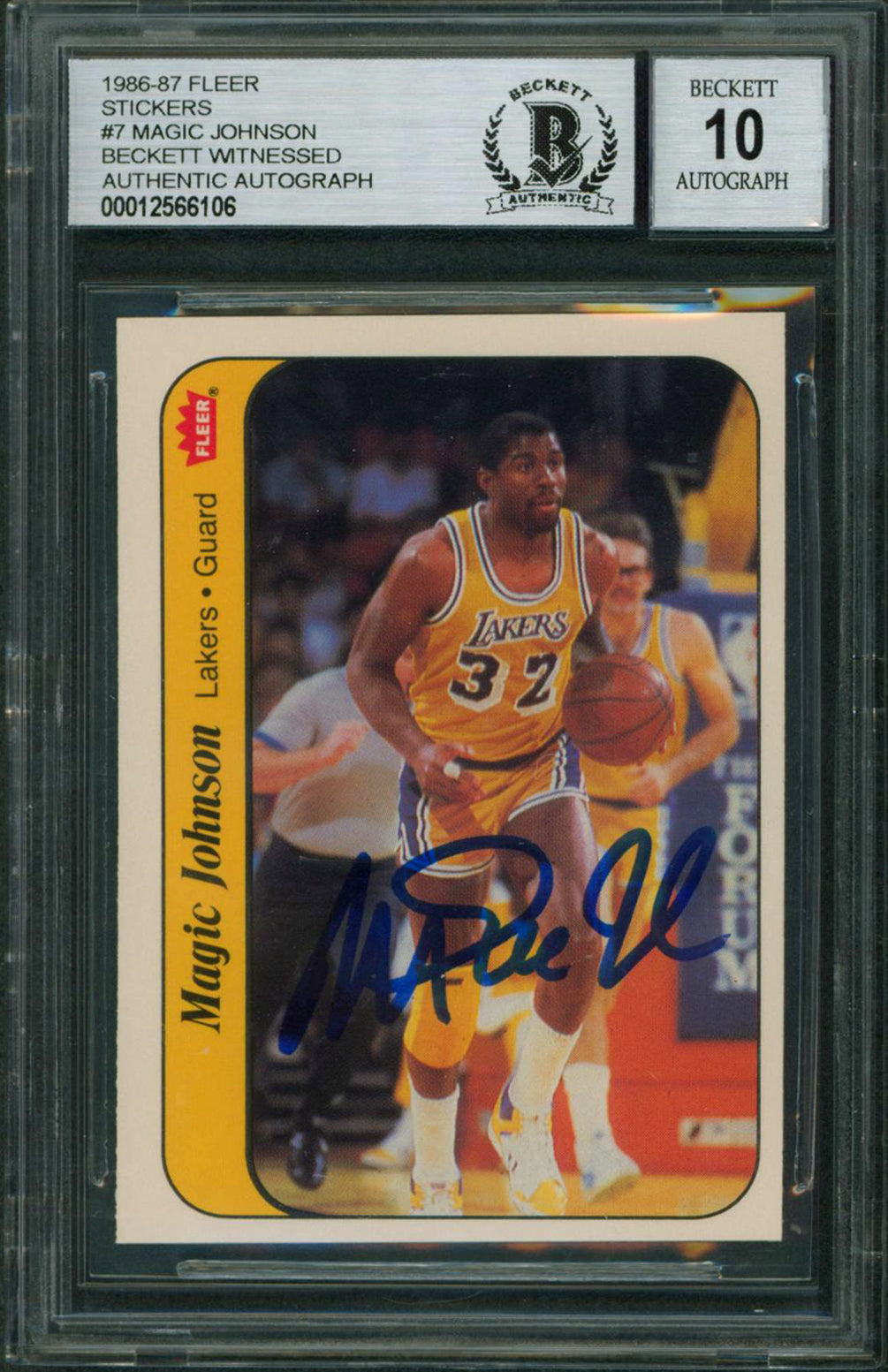Lakers Magic Johnson Signed 1986 Fleer Sticker #7 Card Auto Grade 10! BAS Slab 3