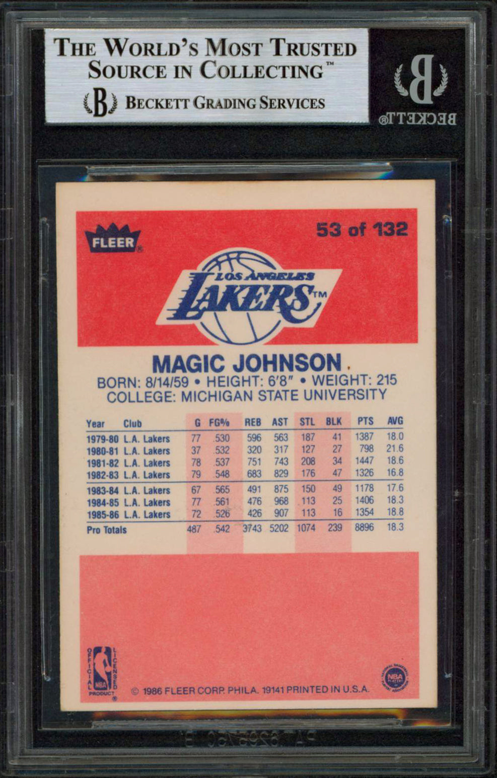 Lakers Magic Johnson Authentic Signed 1986 Fleer #53 Card BAS Slabbed