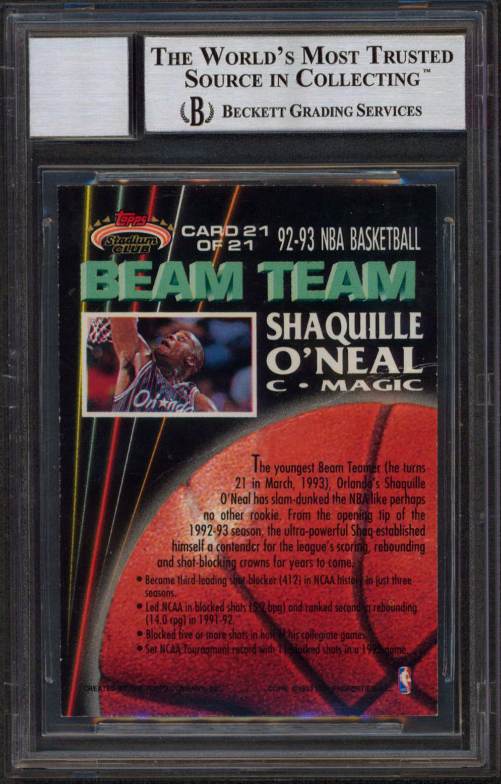 Shaquille O'Neal Signed 1992 Stadium Club Beam Team #21 RC Card Auto 10 BAS Slab