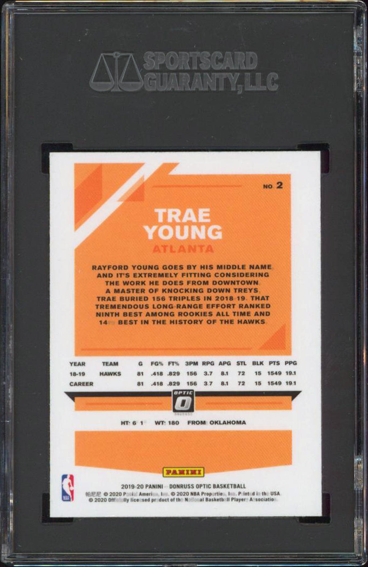 Hawks Trae Young 2019 Donruss Optic #2 Card Graded NM-MT 8 SGC Authentic