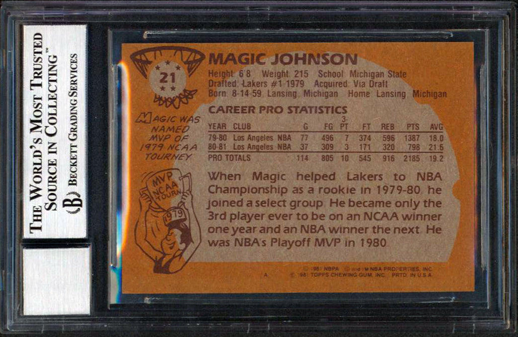 Lakers Magic Johnson Signed 1981 Topps #21 Card Auto Grade 10 BAS Slab #12565786