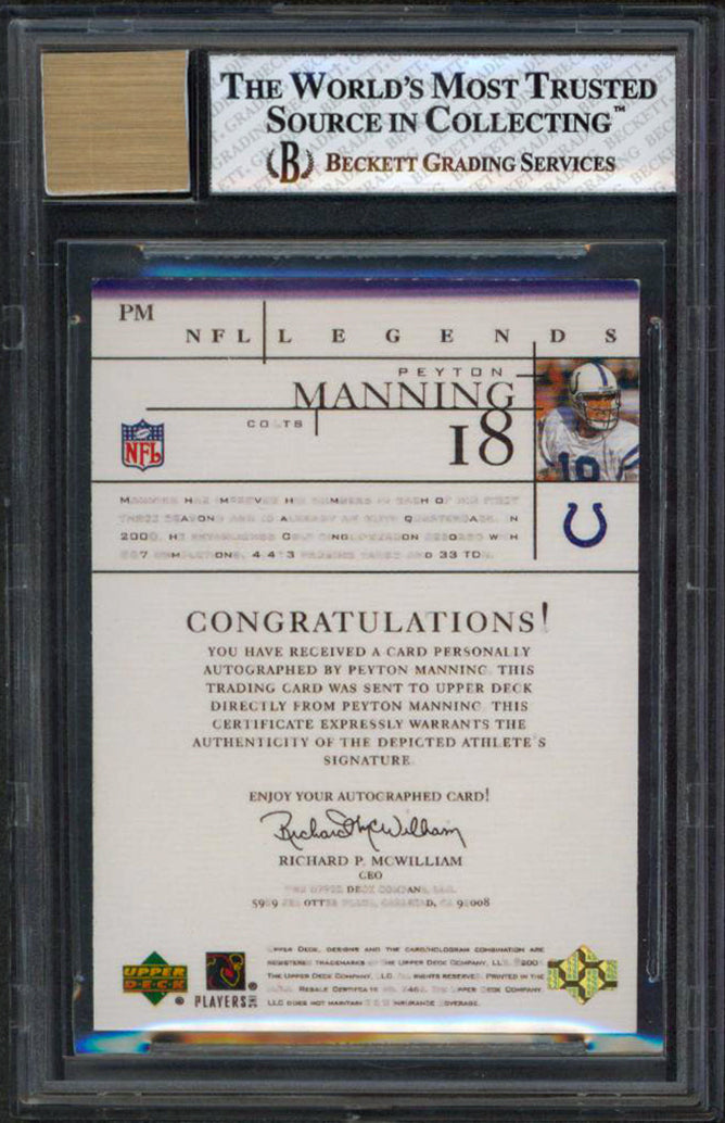 Peyton Manning Signed 2001 Upper Deck Legends #PM Card Auto Grade 10 BAS Slabbed