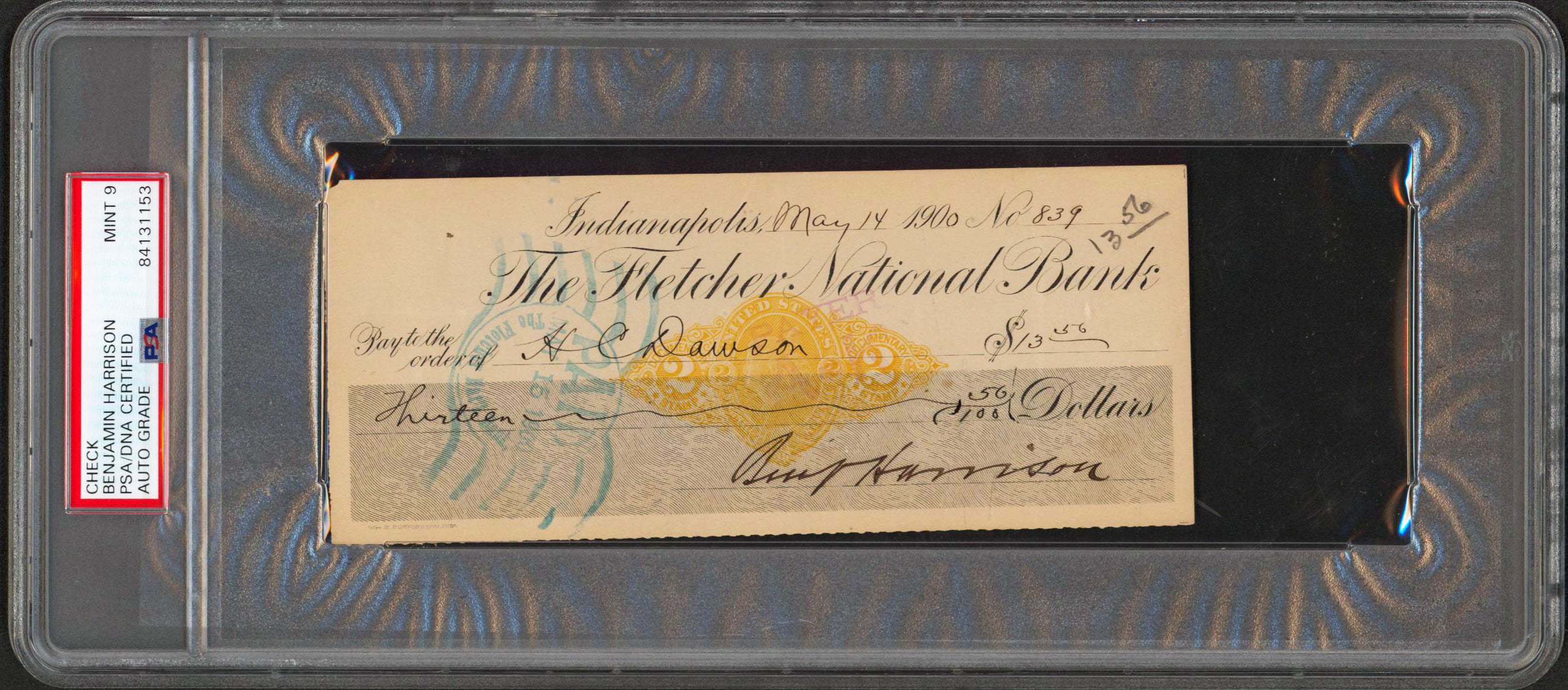 Benjamin Harrison Authentic Signed 2.9x6.9 1900 Check Auto Graded 9! PSA Slabbed