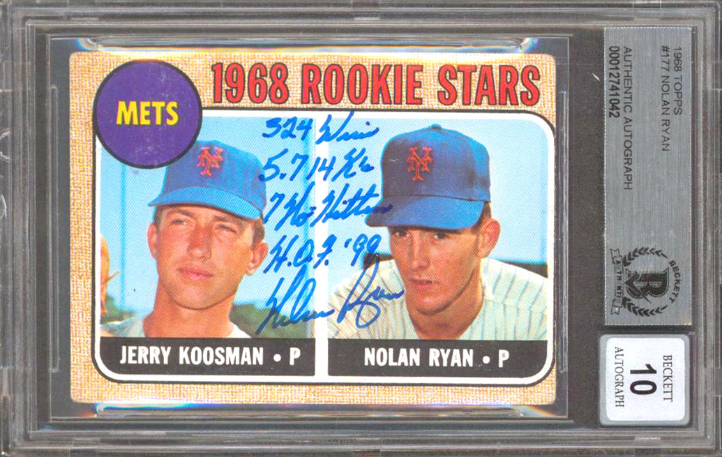 Mets Nolan Ryan "Stat" Signed 1968 Topps #177 Rookie Card Auto Grade 10 BAS Slab