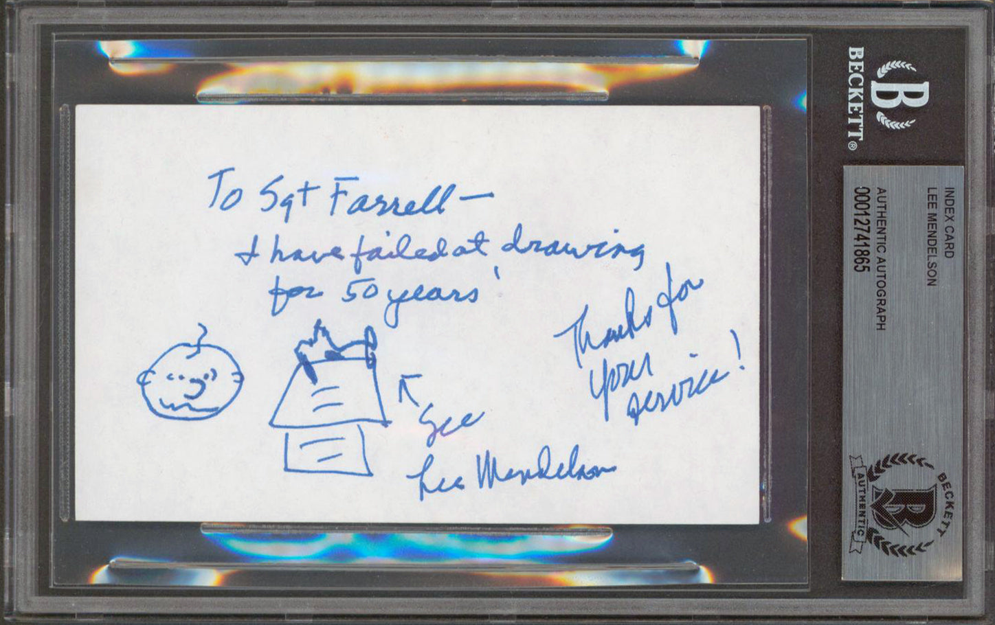 Lee Mendelson Authentic Signed 3x5 Index Card w/ Peanuts Sketch BAS Slabbed