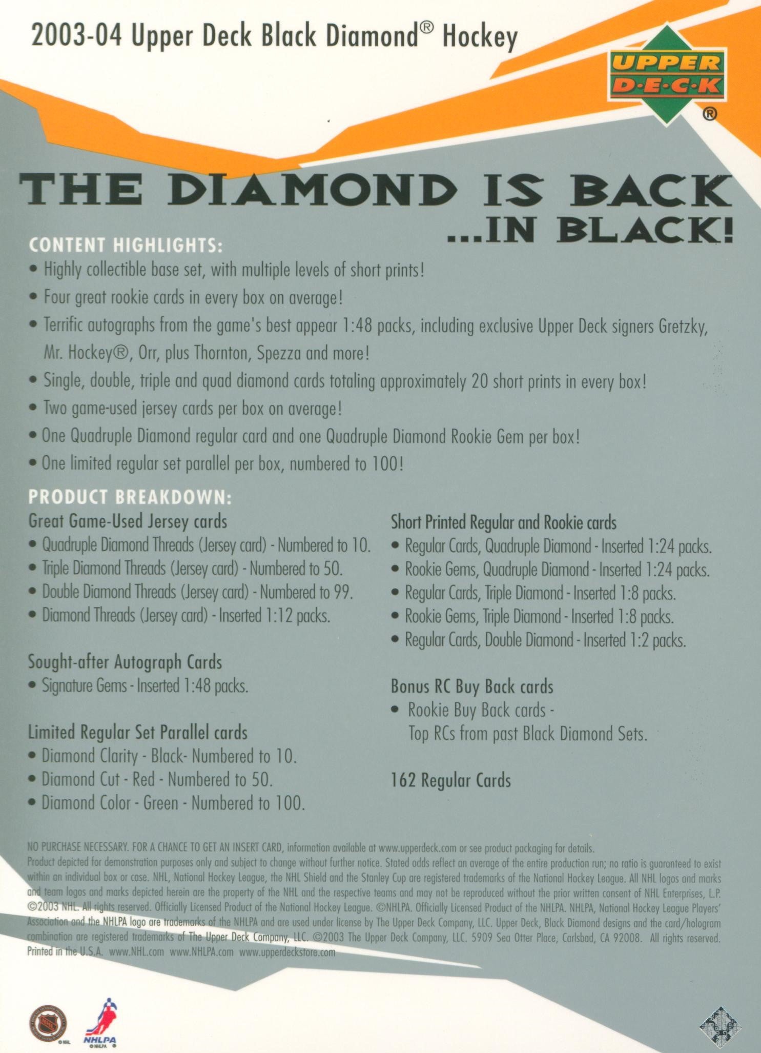 Bruins Joe Thornton 5x7 2003 Upper Deck Black Diamond Card Un-signed