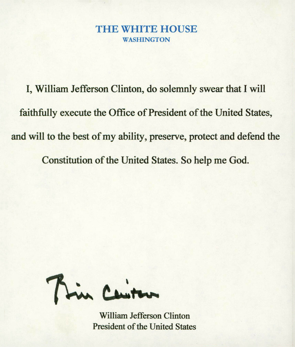 Bill Clinton Signed 5.5x6.5 Oath Of Office Cut Signature Auto 10! BAS #AA03541