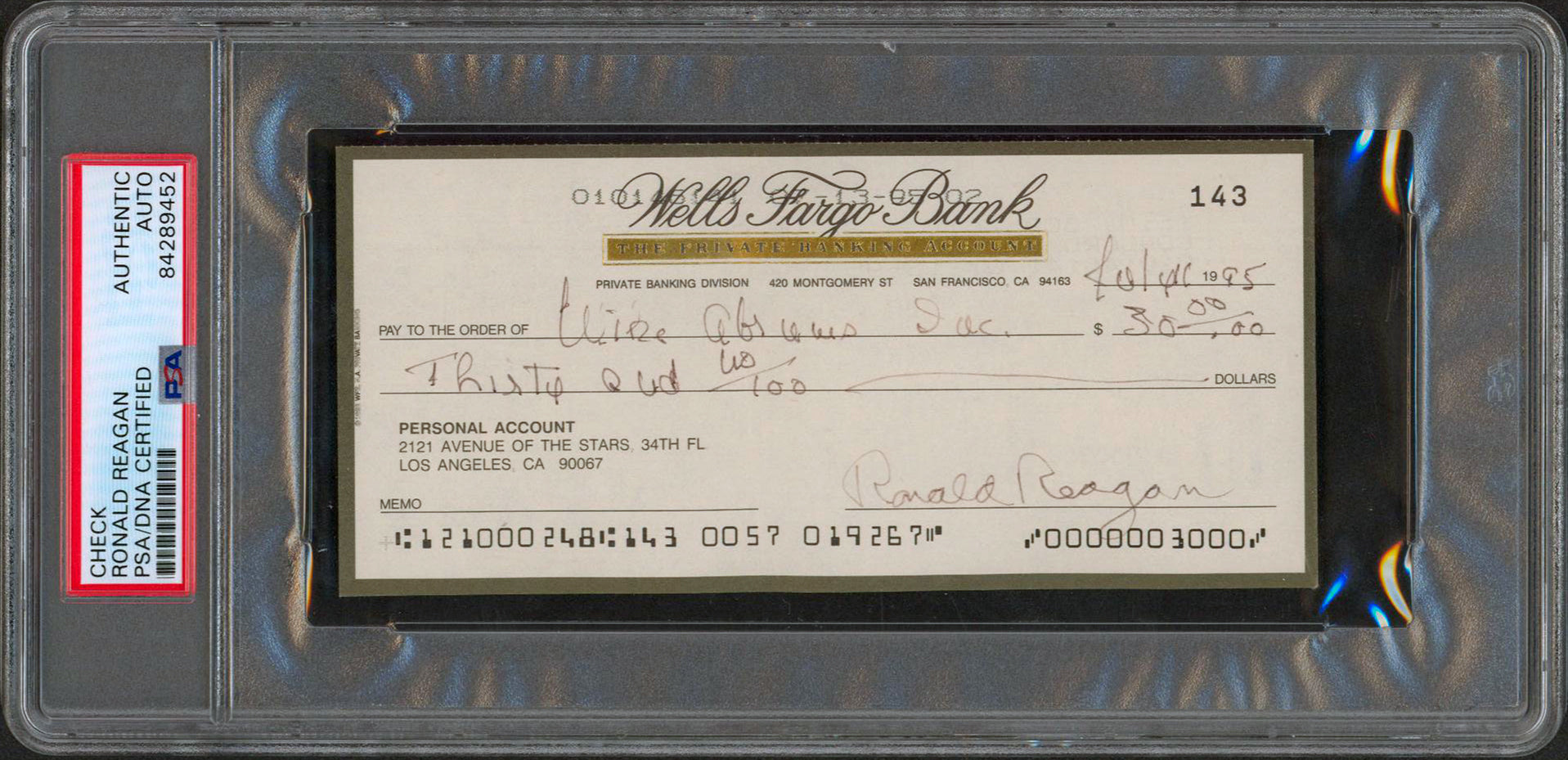 Ronald Reagan Signed 2.75x6 Personal Check Dated July 4, 1995 PSA/DNA Slabbed