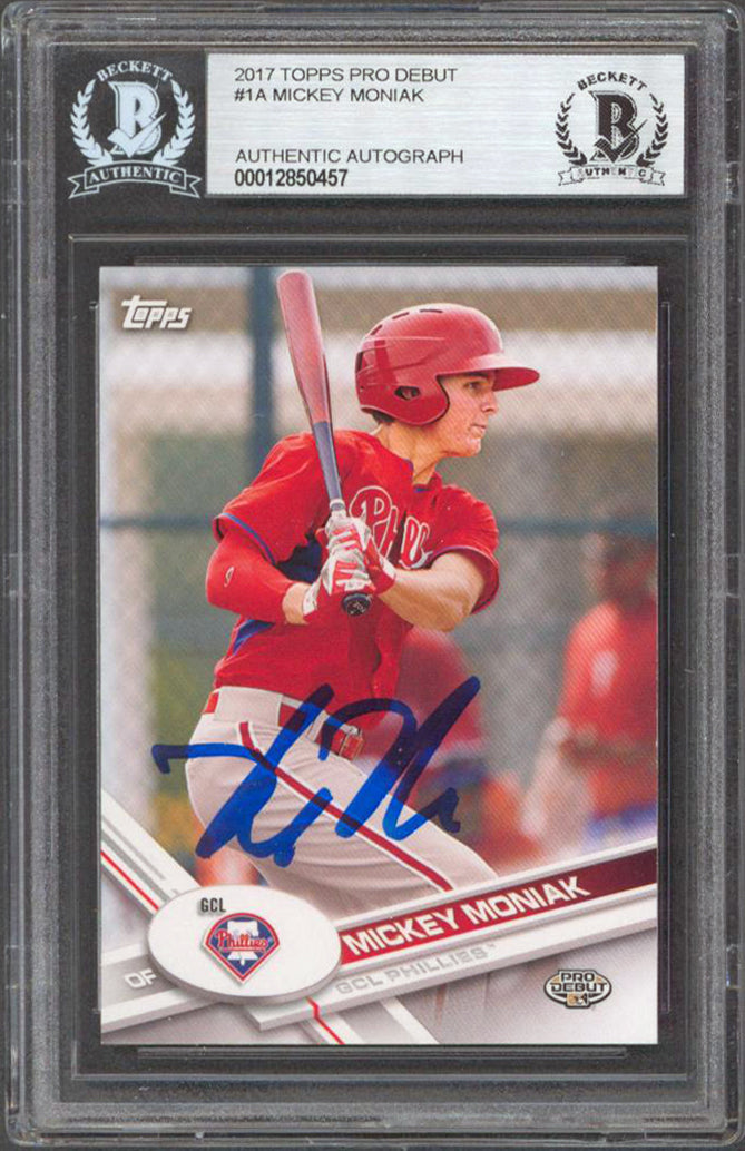 Phillies Mickey Moniak Authentic Signed 2017 Topps Pro Debut #1A RC BAS Slabbed