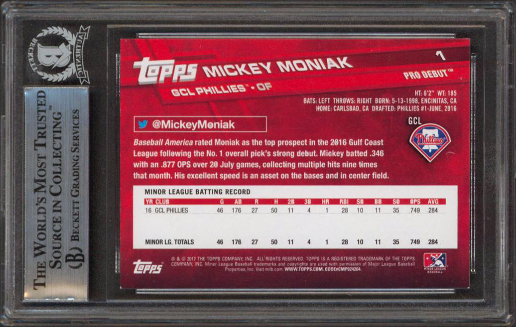 Phillies Mickey Moniak Authentic Signed 2017 Topps Pro Debut #1A RC BAS Slabbed