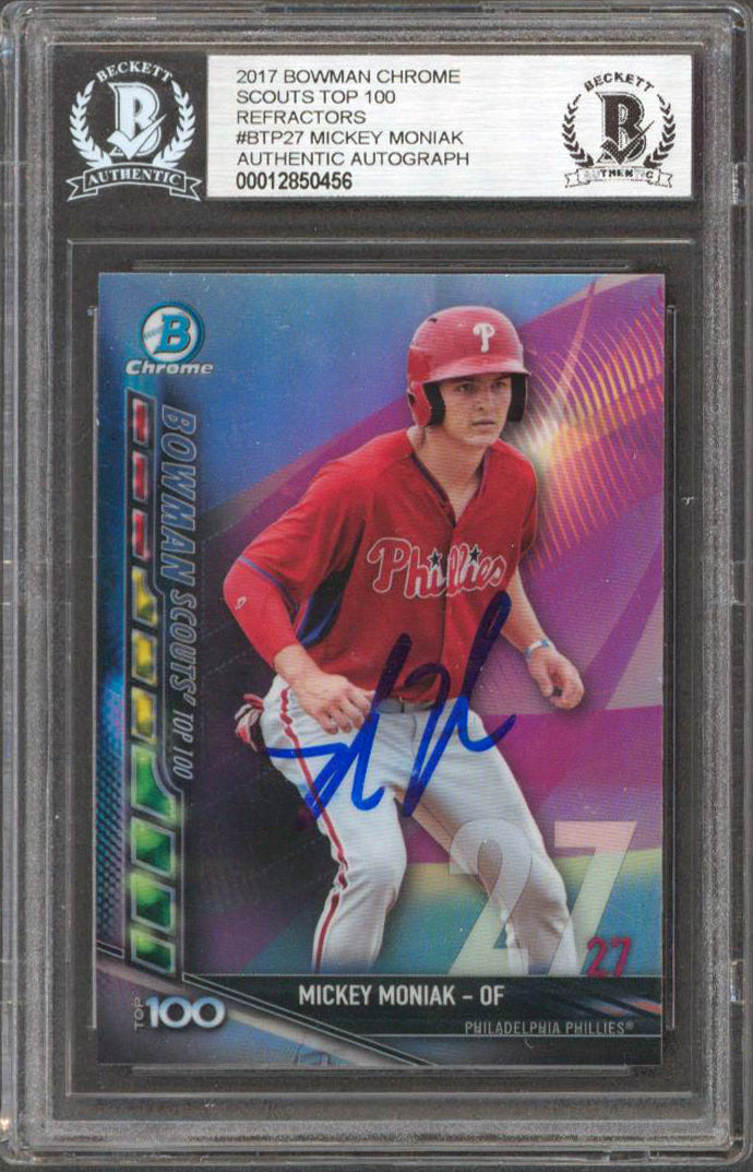Phillies Mickey Moniak Signed 2017 Bowman Chrome Refractors BTP27 RC BAS Slabbed