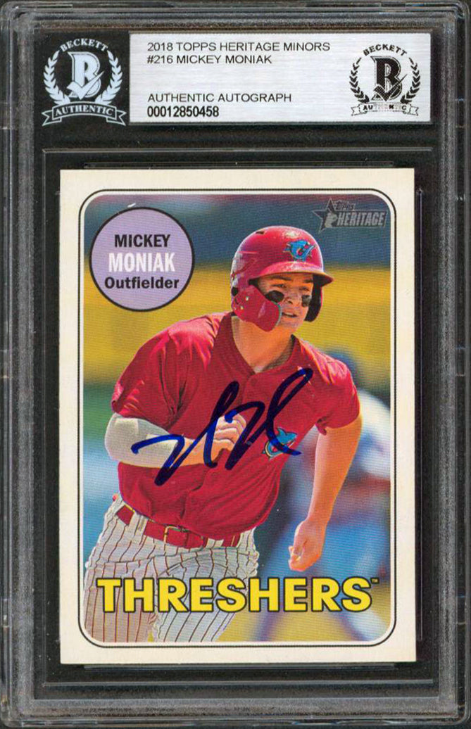 Phillies Mickey Moniak Signed 2018 Topps Heritage Minors #216 RC BAS Slabbed