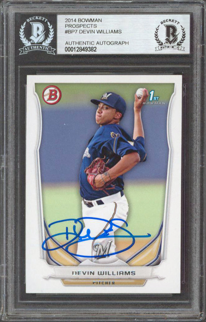 Brewers Devin Williams Authentic Signed 2014 Bowman Prospects BP7 RC BAS Slabbed