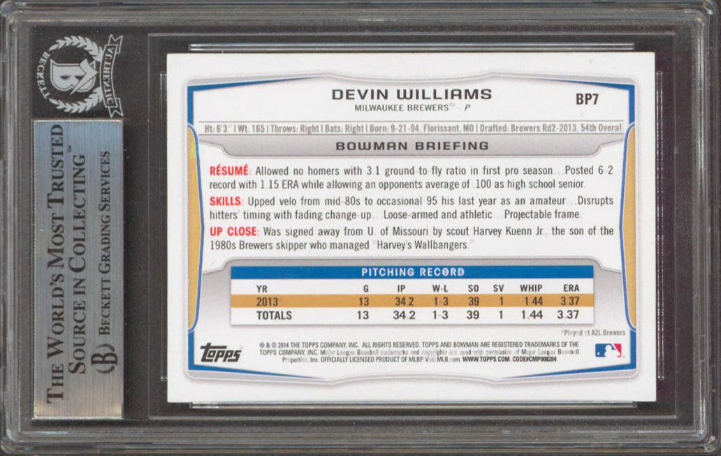 Brewers Devin Williams Authentic Signed 2014 Bowman Prospects BP7 RC BAS Slabbed