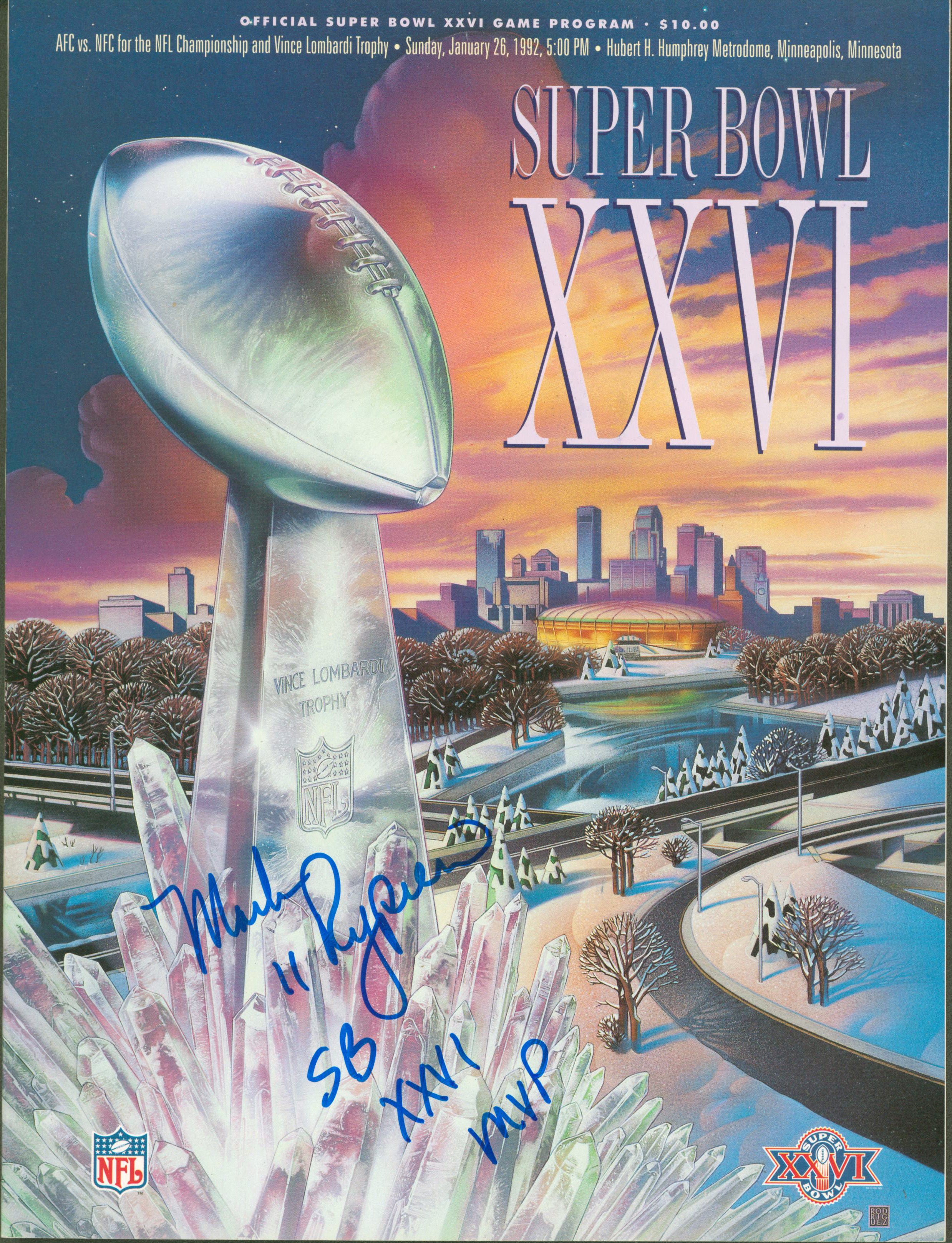 WFT Mark Rypien "SB XXVI MVP" Signed SB XXVI Program BAS Witnessed #WP58230