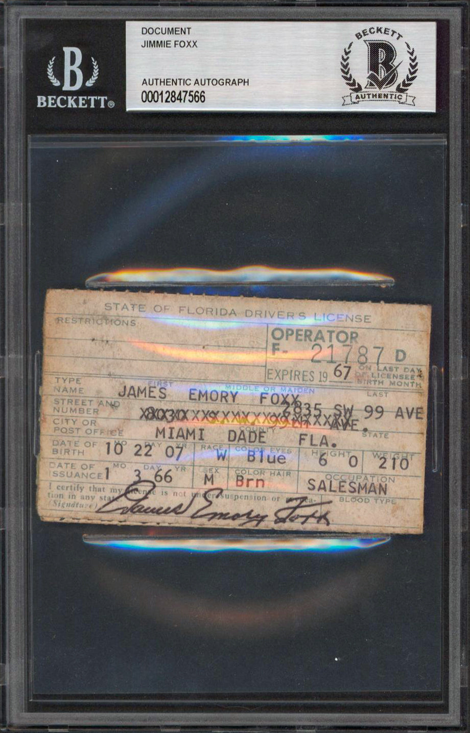 Red Sox Jimmie Foxx Signed State Of Florida Drivers License BAS Slabbed