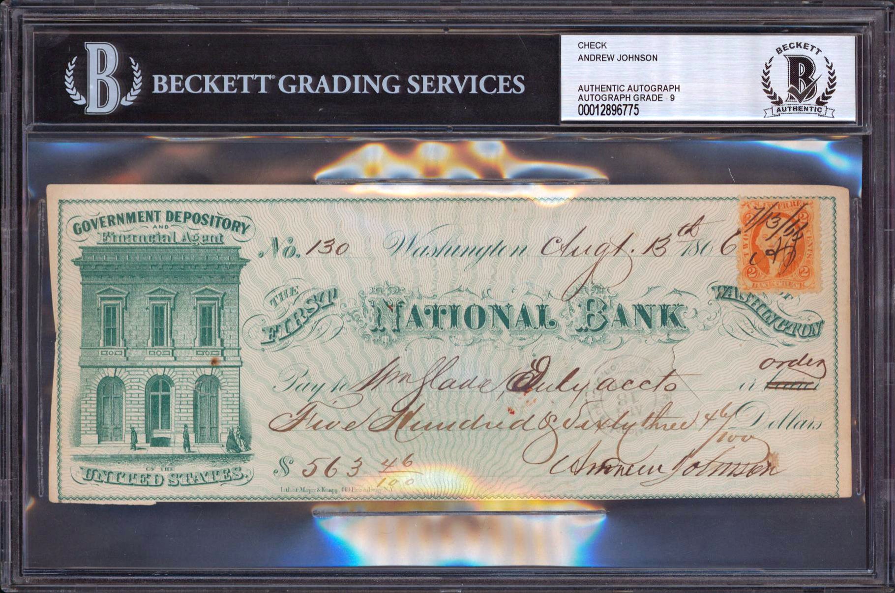 Andrew Johnson Signed 3.25x8.25 1866 Check Auto Graded Mint 9! BAS Slabbed