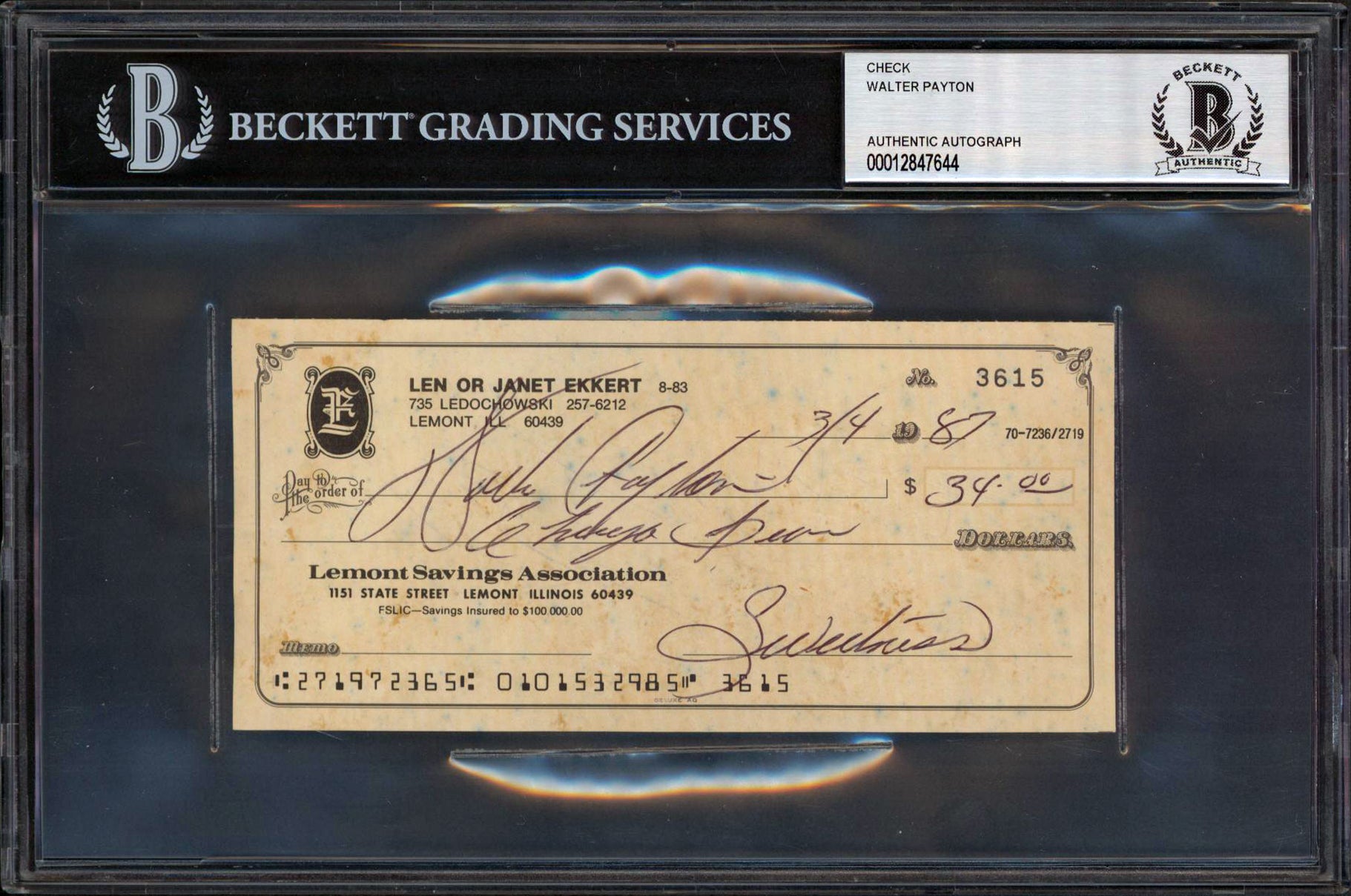 Bears Walter Payton & Eddie Payton "Sweetness" Signed 2.75x6 Check BAS Slabbed