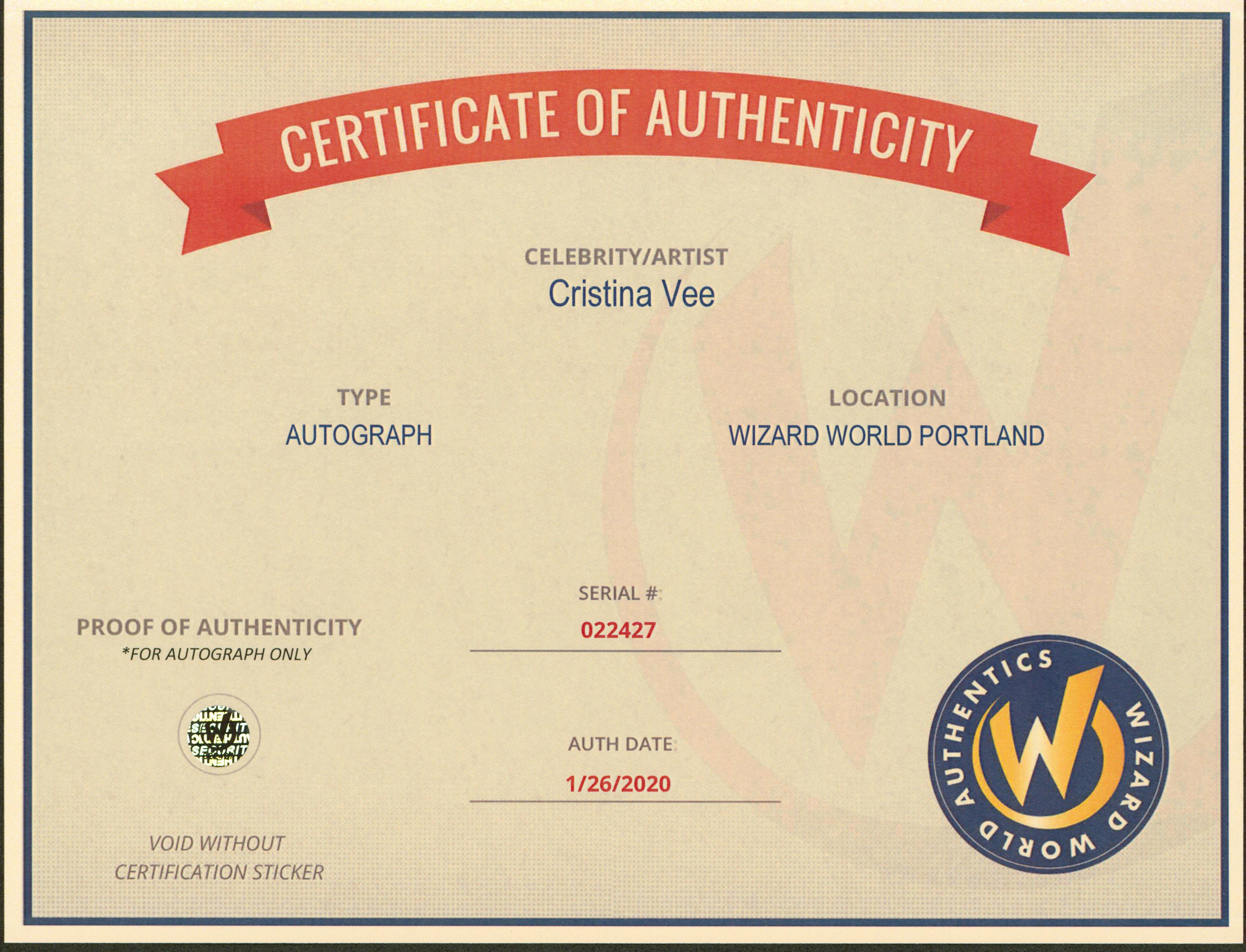 Cristina Vee Seven Deadly Sins "Hawk!" Signed 8.5x11 Photo Wizard World