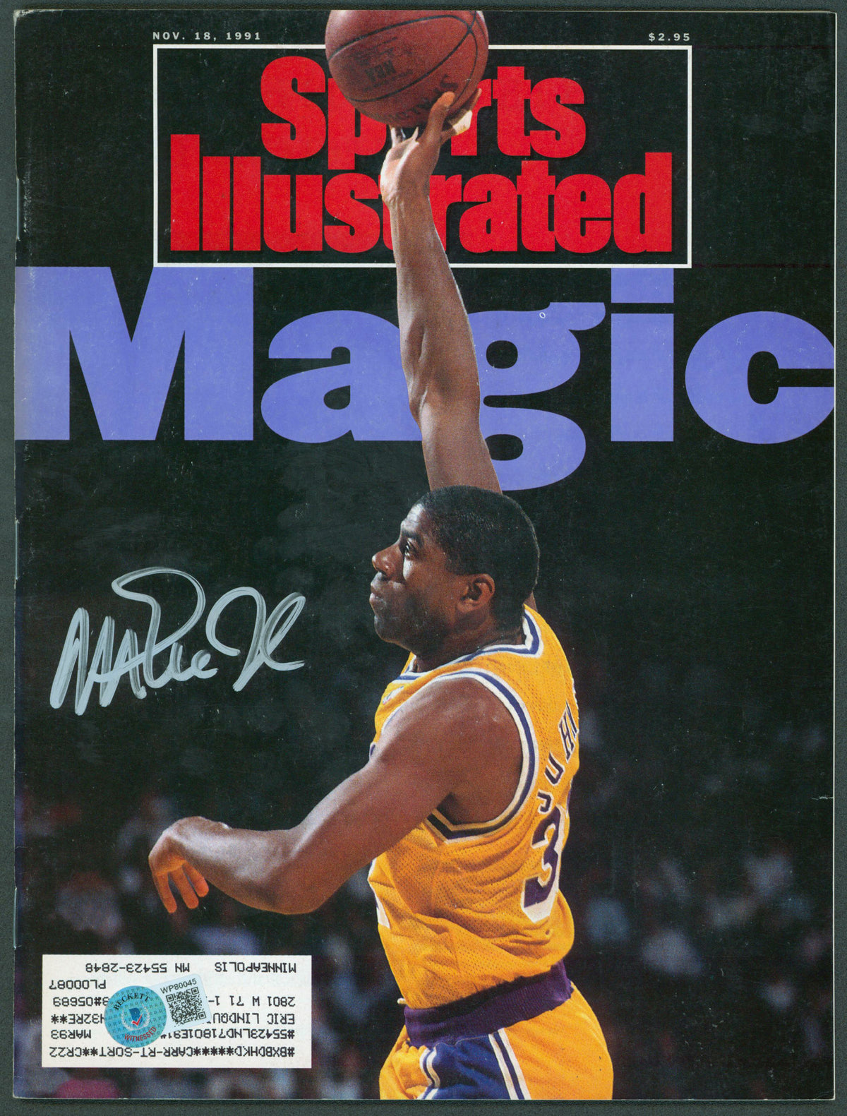 Lakers Magic Johnson Signed November 1991 Sports Illustrated Magazine BAS Wit