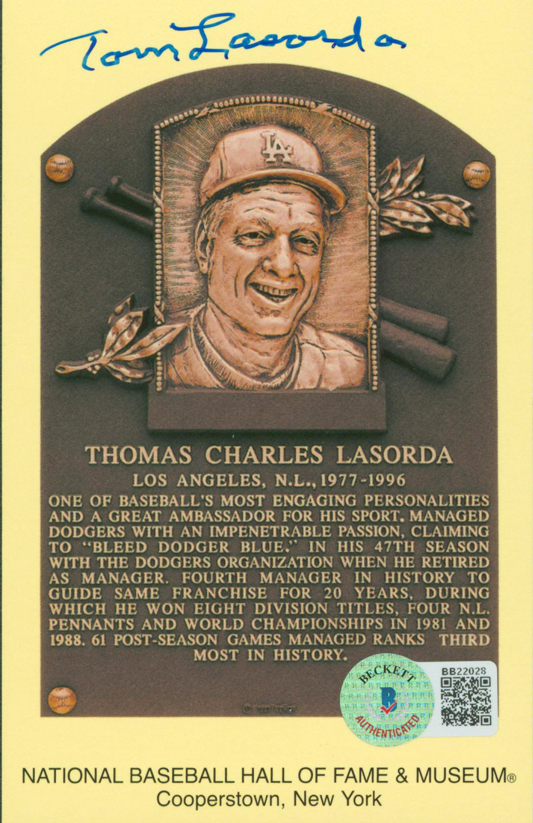 Dodgers Tom Lasorda Authentic Signed 3.5x5.5 Artvue HOF Plaque Postcard BAS