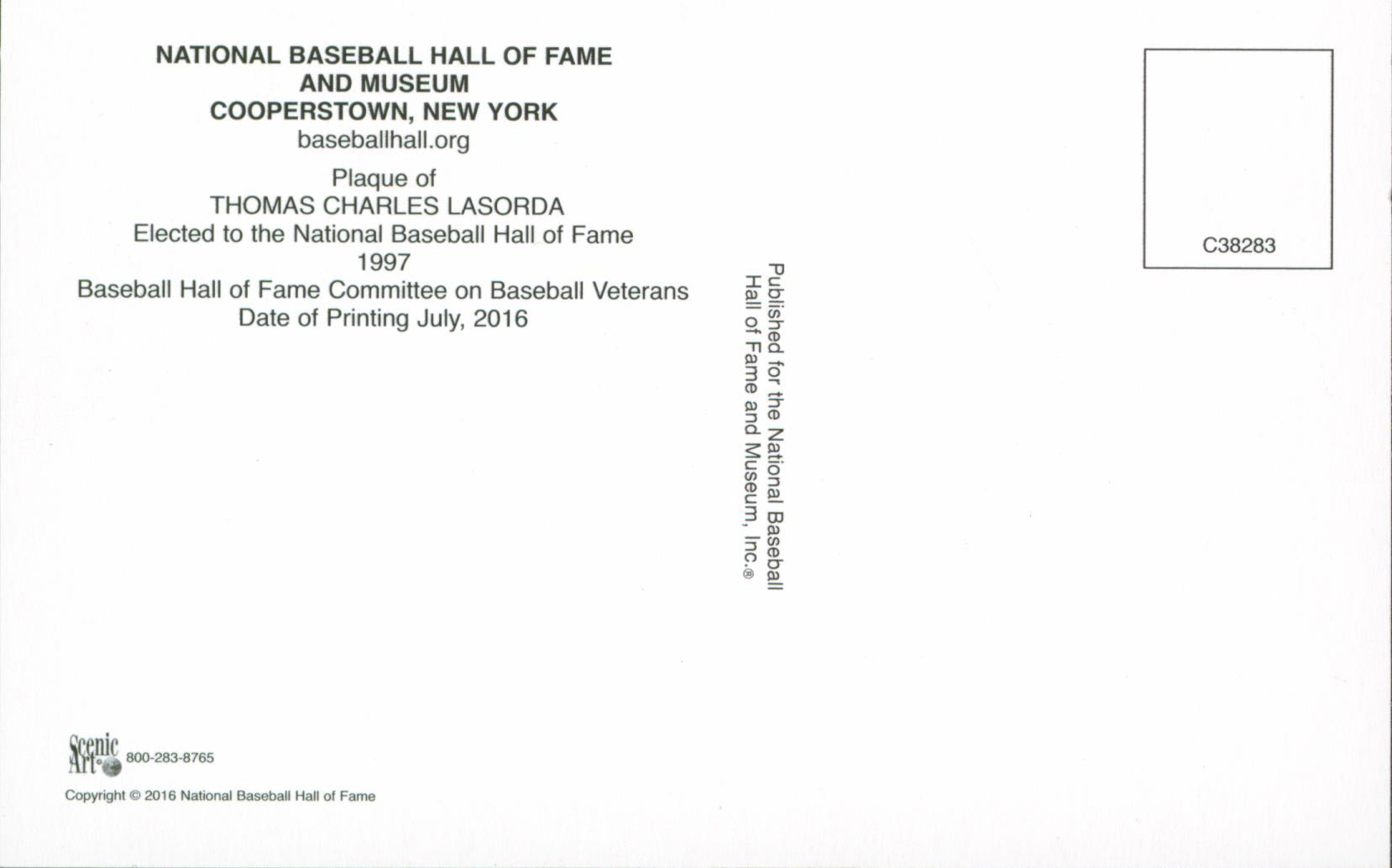 Dodgers Tom Lasorda Authentic Signed 3.5x5.5 Artvue HOF Plaque Postcard BAS