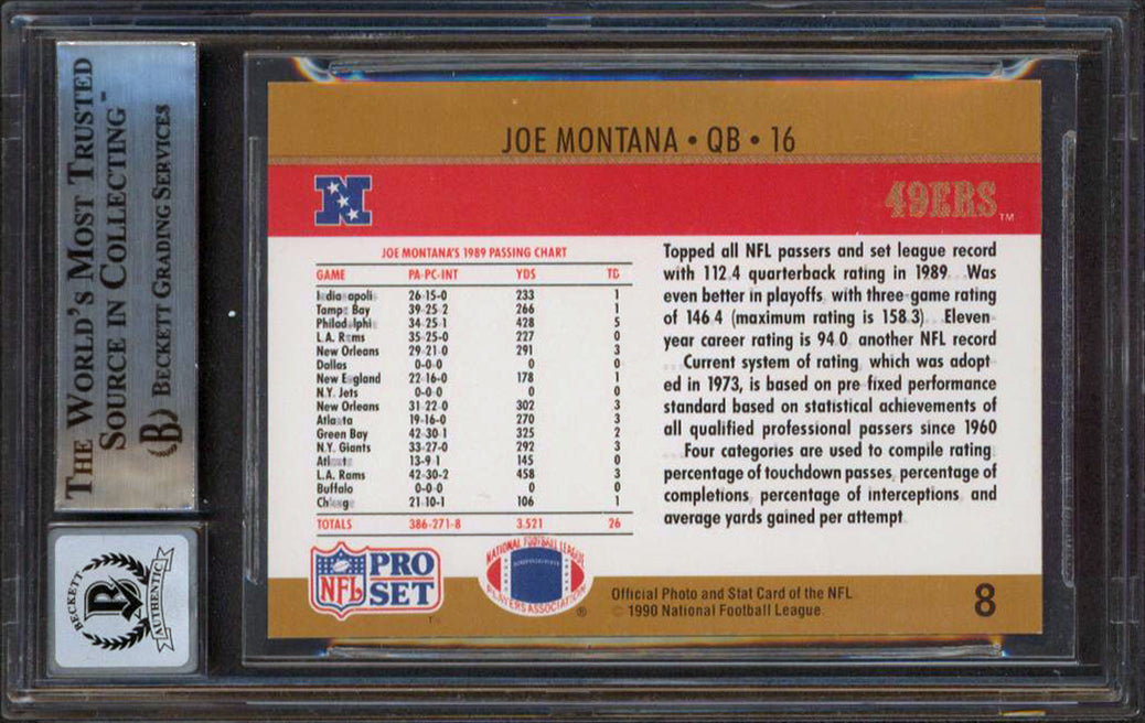 49ers Joe Montana Signed 1990 Pro Set #8 Card Auto Graded Gem 10! BAS Slabbed