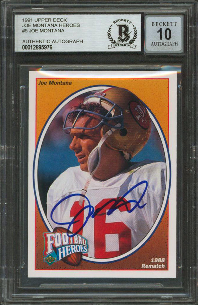49ers Joe Montana Signed 1991 Upper Deck Heroes #5 Card Auto Graded 10! BAS Slab