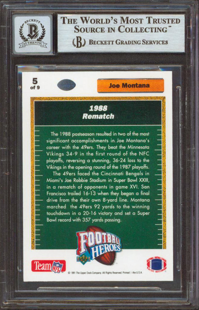 49ers Joe Montana Signed 1991 Upper Deck Heroes #5 Card Auto Graded 10! BAS Slab