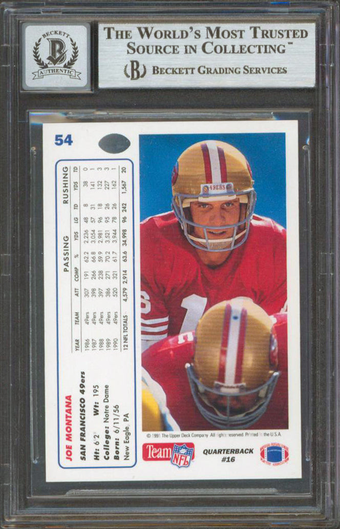 49ers Joe Montana Signed 1991 Upper Deck #54 Card Auto Graded 10! BAS Slabbed