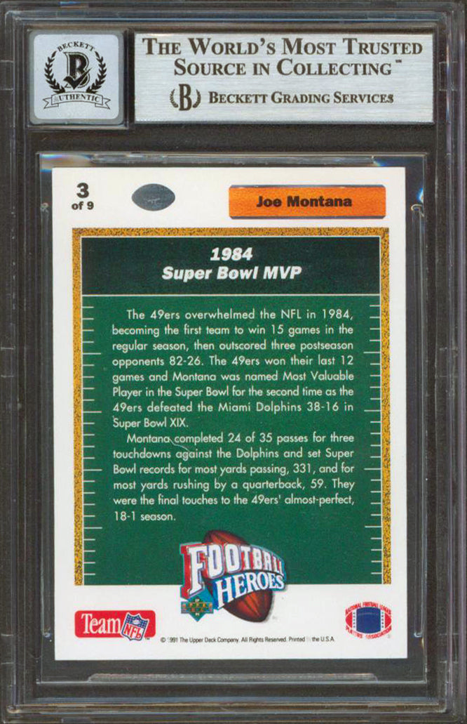 49ers Joe Montana Signed 1991 Upper Deck Heroes #3 Card Auto Graded 10! BAS Slab