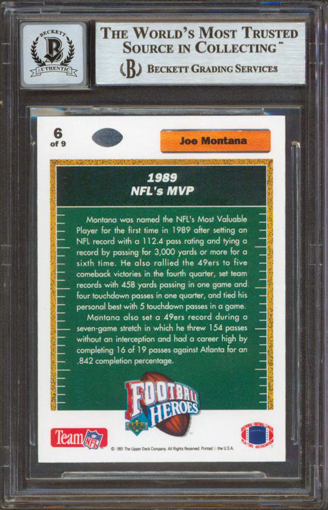 49ers Joe Montana Signed 1991 Upper Deck Heroes #6 Card Auto Graded 10! BAS Slab