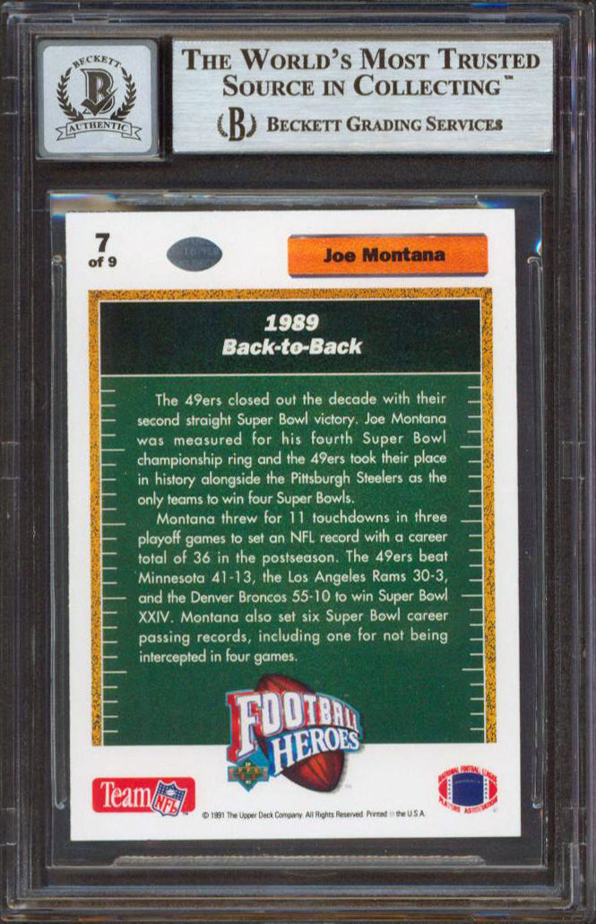 49ers Joe Montana Signed 1991 Upper Deck Heroes #7 Card Auto Graded 10! BAS Slab