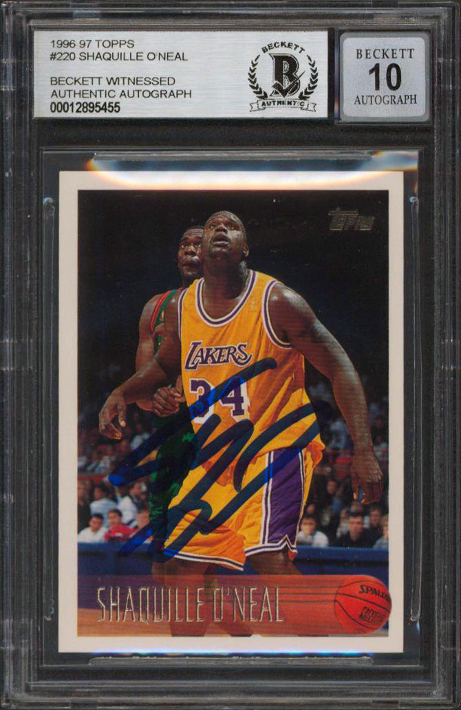 Lakers Shaquille O'Neal Signed 1996 Topps #220 Card Auto Graded 10! BAS Slabbed