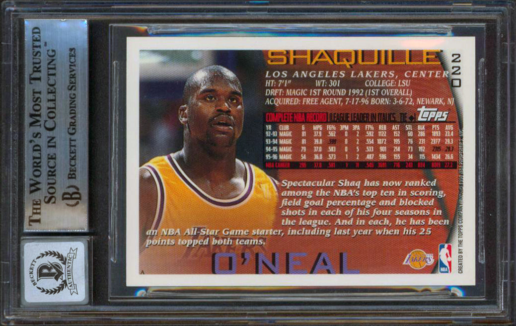 Lakers Shaquille O'Neal Signed 1996 Topps #220 Card Auto Graded 10! BAS Slabbed