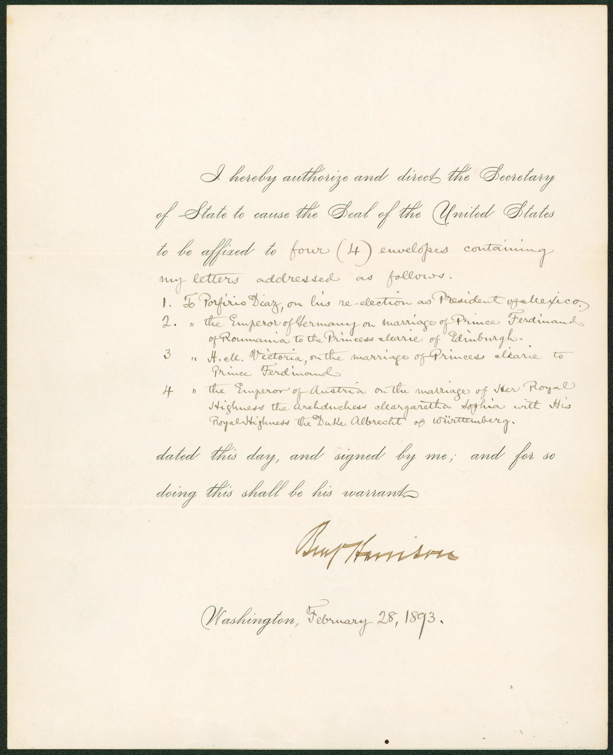 Benjamin Harrison Authentic Signed 8x10 1893 Letter Auto Graded 9! BAS #AA03945