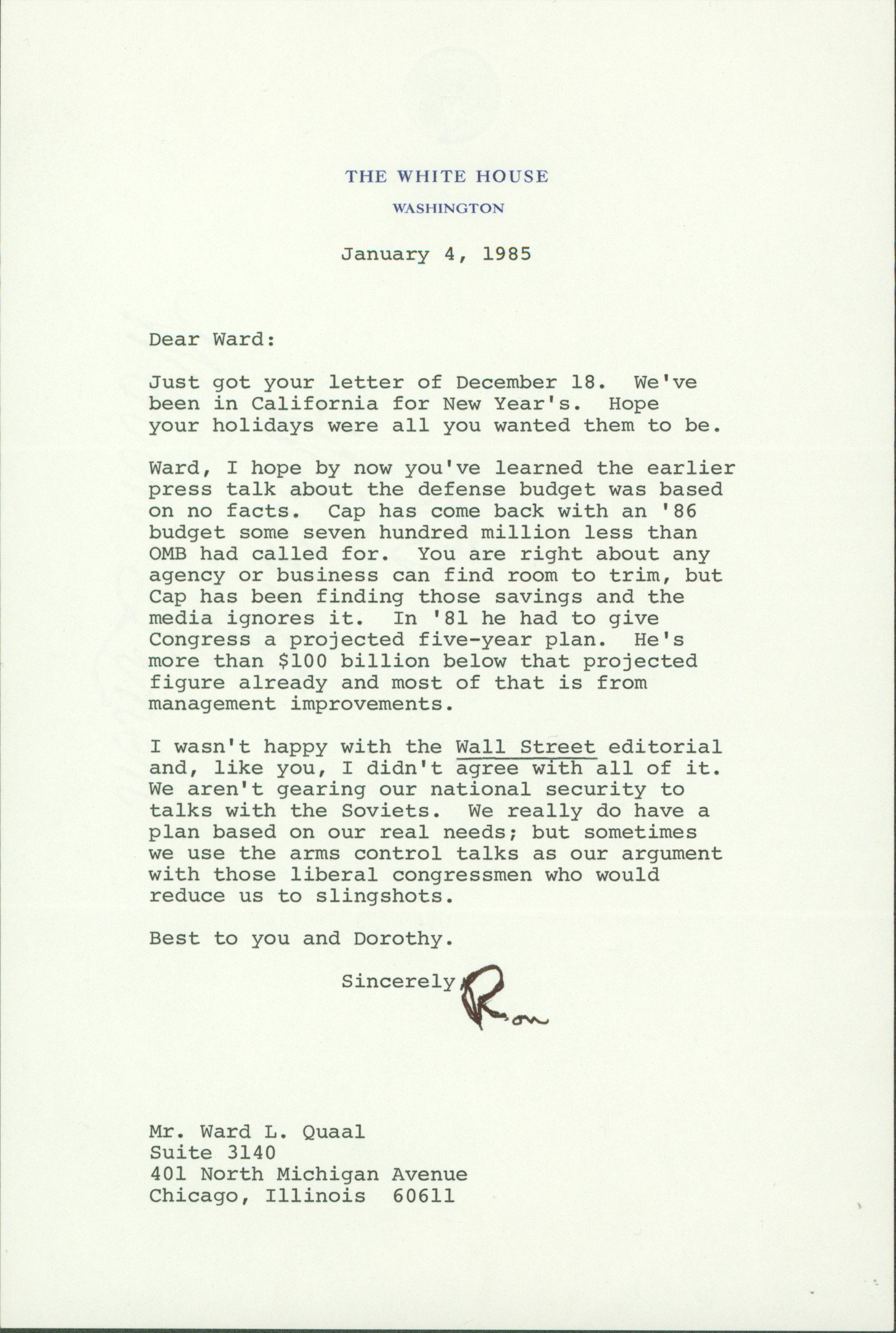 Ronald Reagan Signed 7x10 1985 Letter On White House Letterhead BAS #AB14024