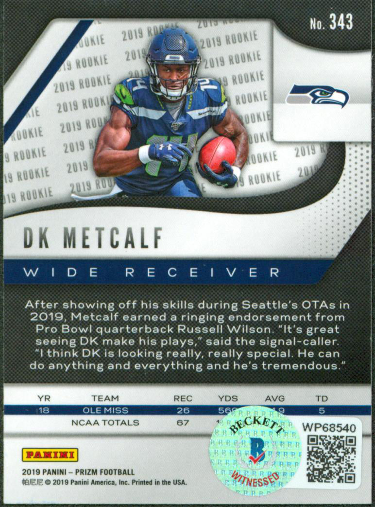Seahawks DK Metcalf Authentic Signed 2019 Panini #343 Rookie Card BAS #WP68540