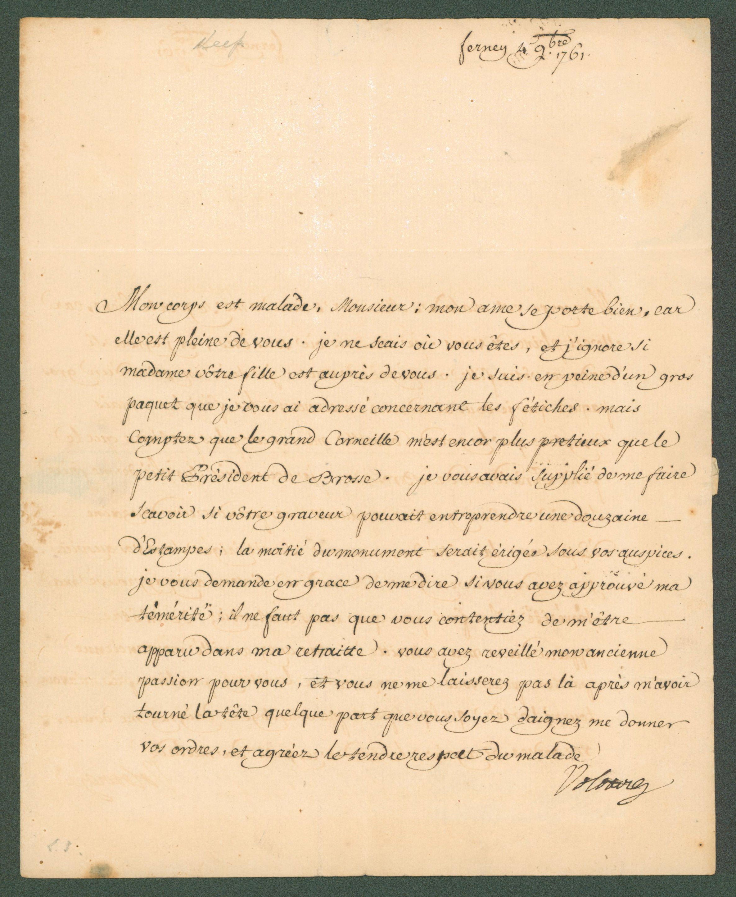 Voltaire Authentic Signed 7.5x9.25 1761 Handwritten Letter BAS #AB14371