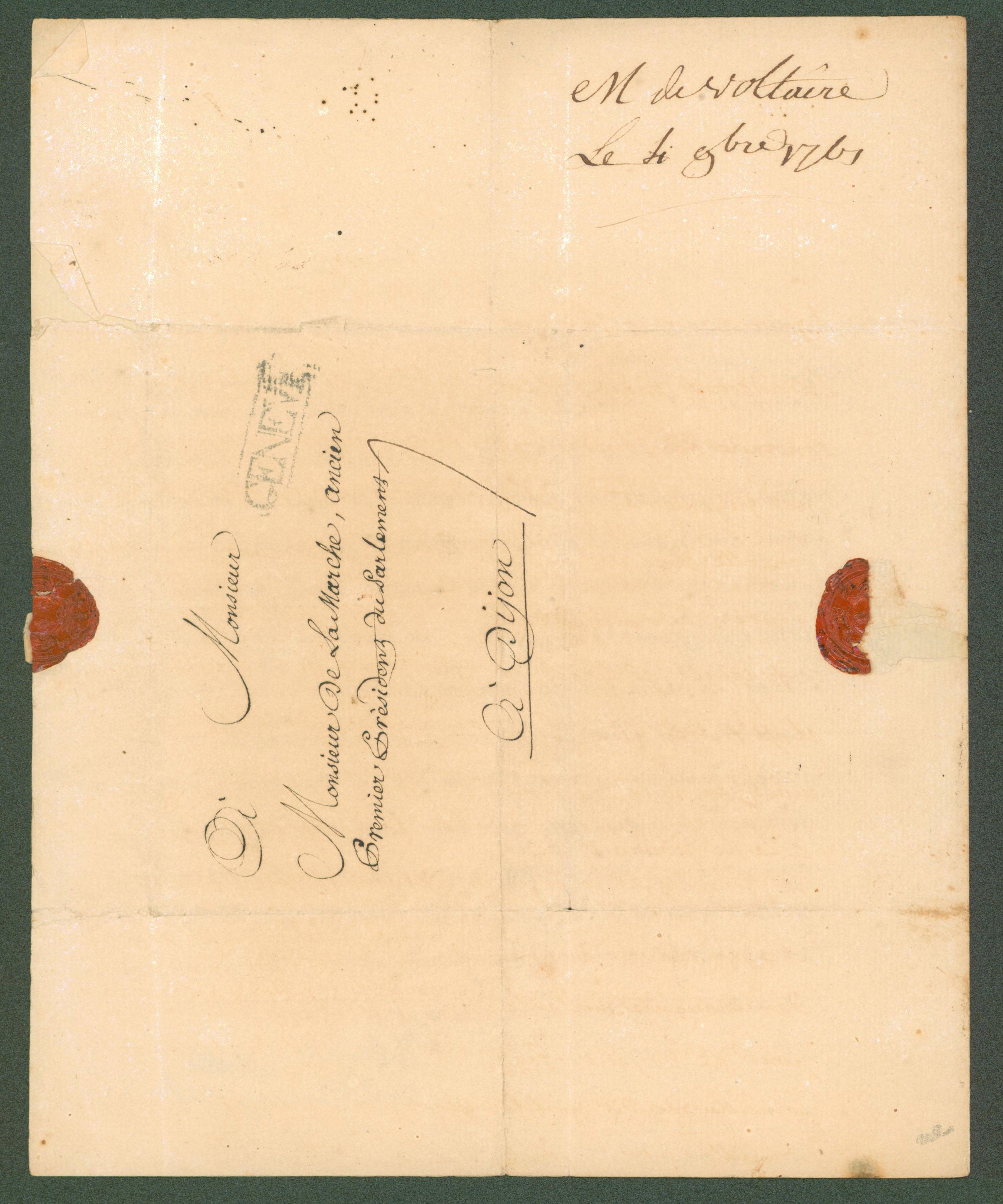 Voltaire Authentic Signed 7.5x9.25 1761 Handwritten Letter BAS #AB14371