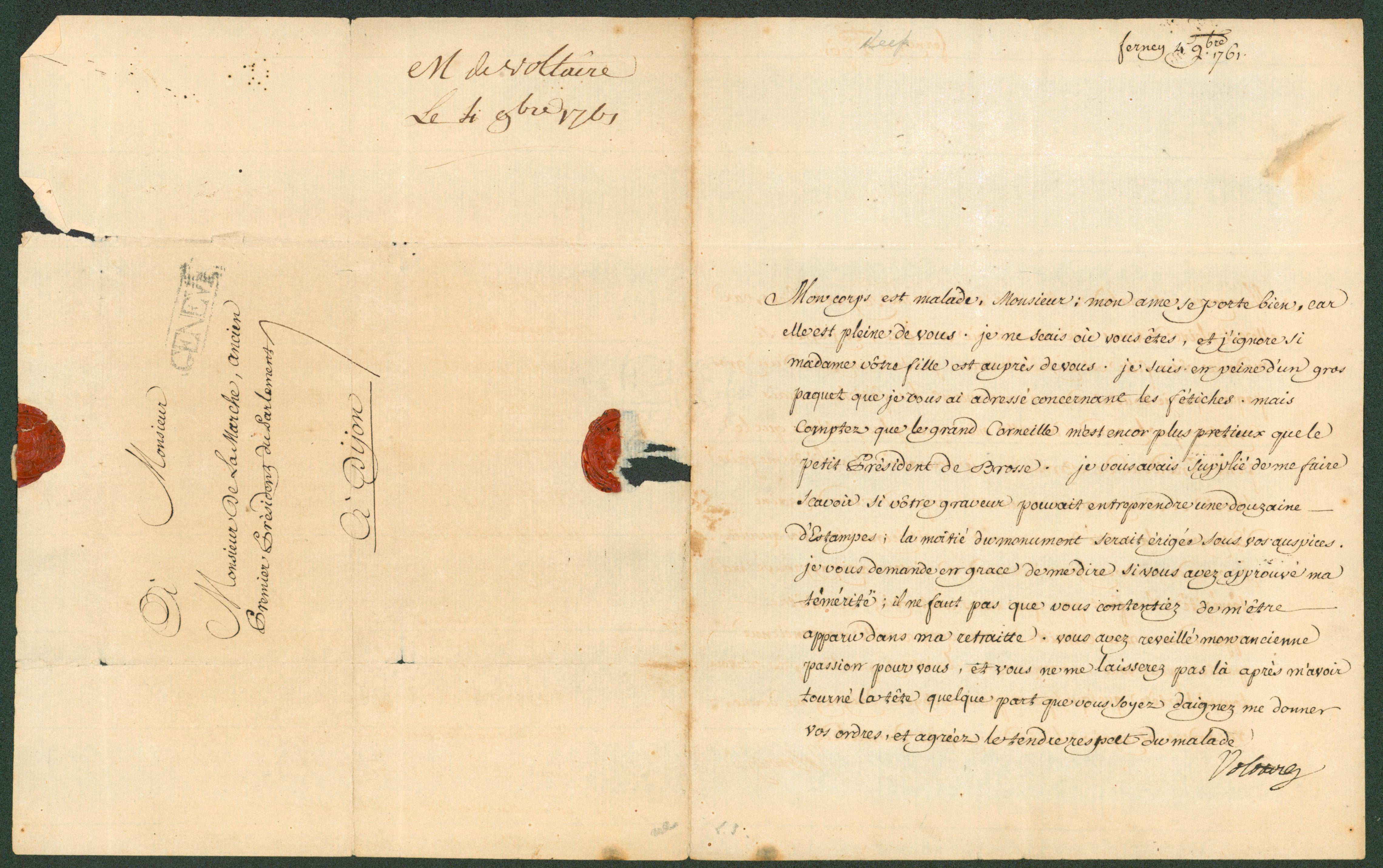 Voltaire Authentic Signed 7.5x9.25 1761 Handwritten Letter BAS #AB14371