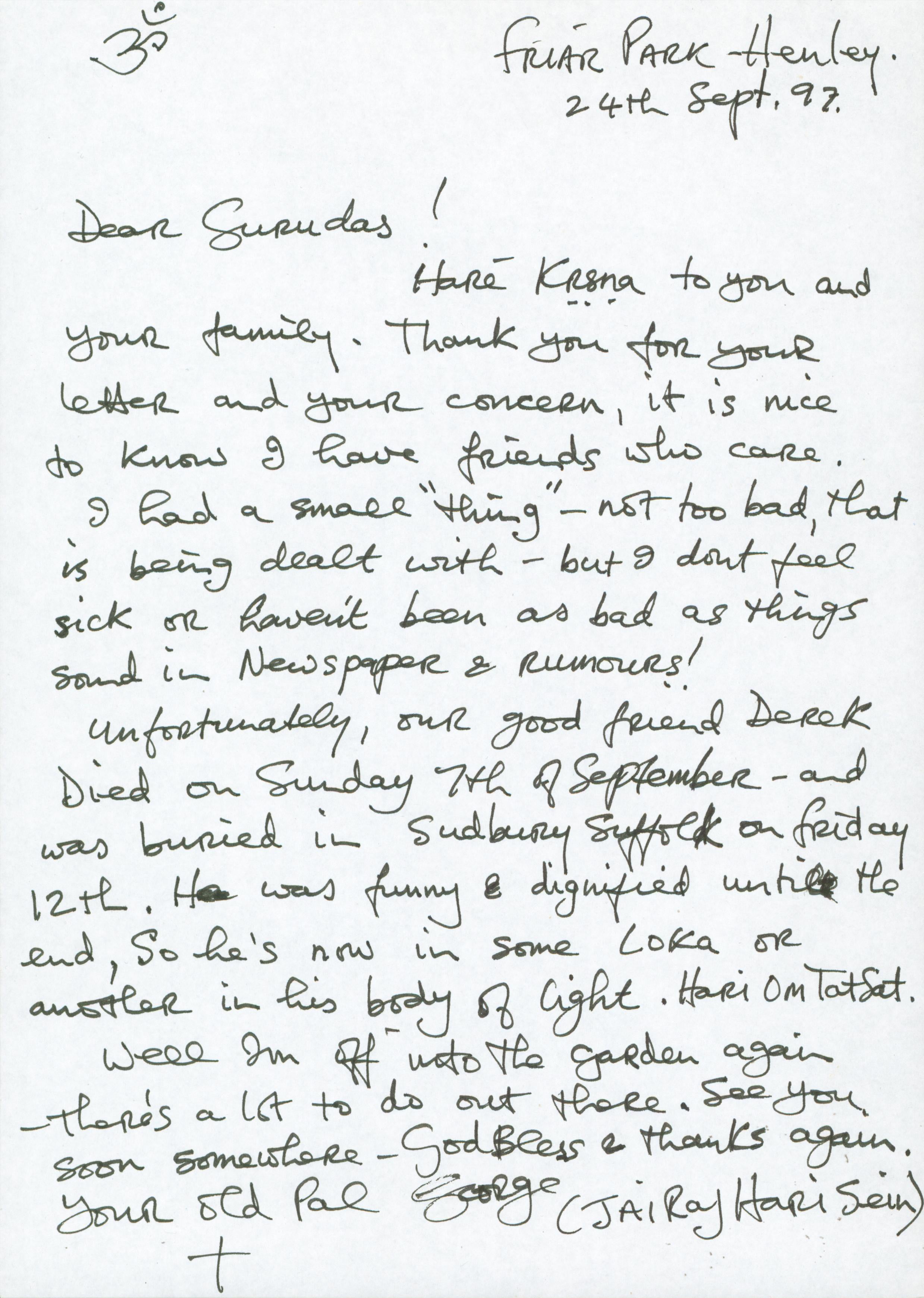 George Harrison The Beatles Authentic Signed Handwritten Letter BAS #AA03799
