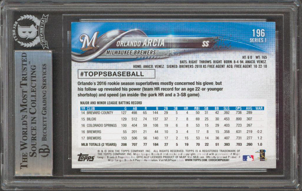 Brewers Orlando Arcia Authentic Signed 2018 Topps #196 Rookie Card BAS Slabbed