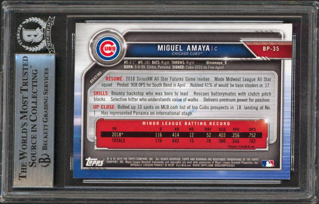 Cubs Miguel Amaya Signed 2019 Bowman Prospects #BP35 Rookie Card BAS Slabbed